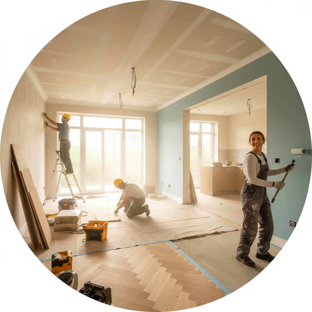 a home renovation scene, clearly showing transformation or construction work inside a house, visually suitable for a circular crop and central focus, bright and inviting, with people working or progress visible, no text or logo