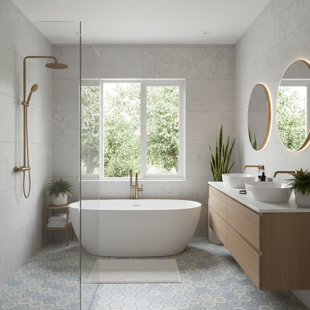 A modern bathroom featuring a large window, white bathtub, and double sink vanity.