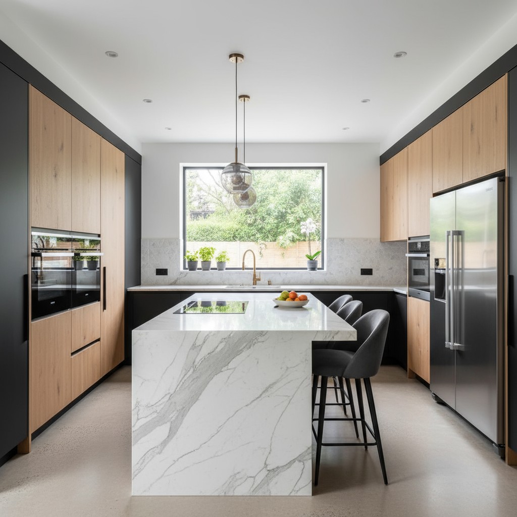 Modern kitchen with marble island, stainless steel appliances, and large window overlooking backyard.