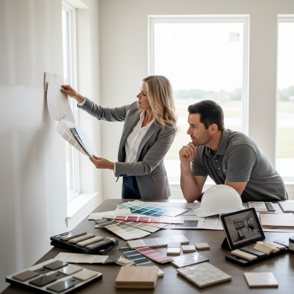 color consultation with a builder, showing a consultant and a builder reviewing paint swatches or color samples in a residential or commercial setting, no logos or text, natural lighting, realistic style