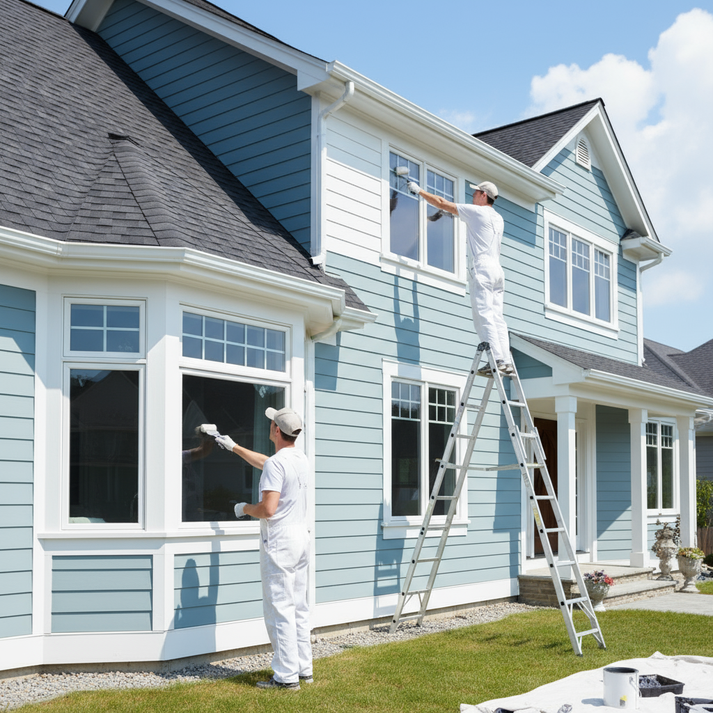 exterior painting, showing professionals painting the outside of a house or building