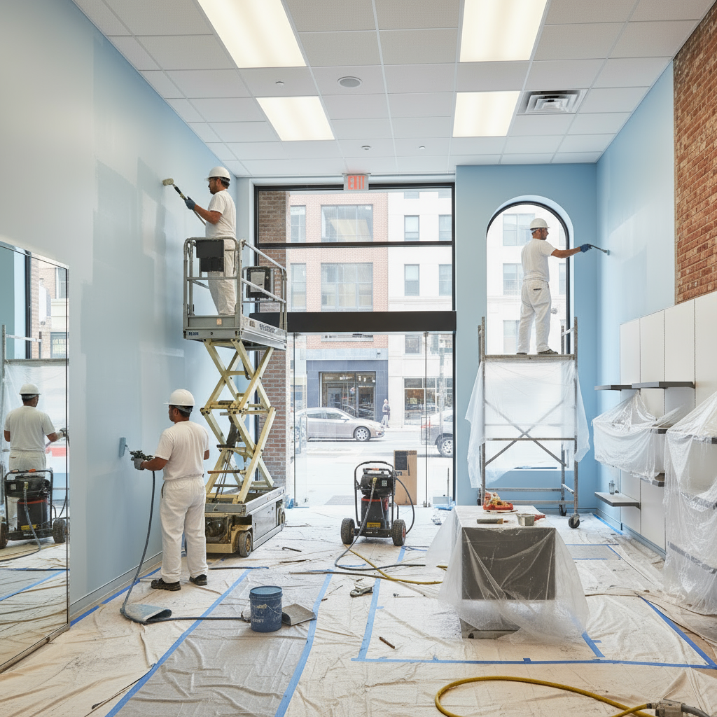 photo of commercial painting in progress in an office or retail environment, with professional equipment, no visible logo or company name, no text