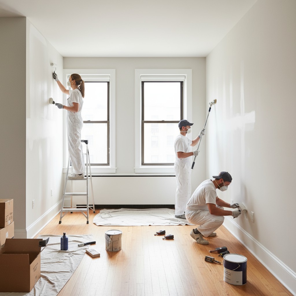 Four people in a room with wood floors, painting walls.