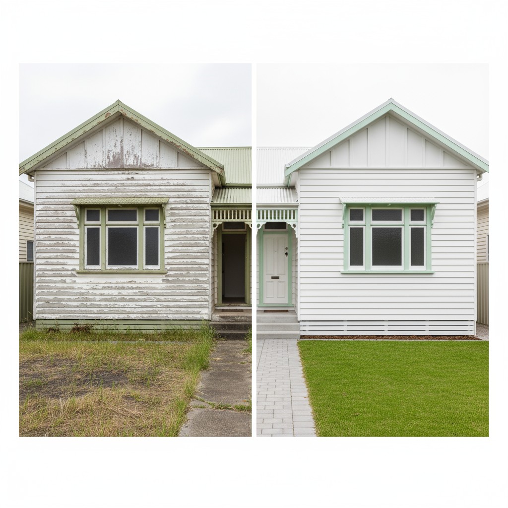 A before-and-after photograph of a white house with green trim.