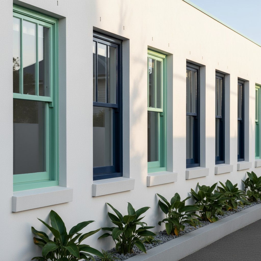 A white building with six green-framed windows arranged in a row, accompanied by a small garden with green plants and gray...