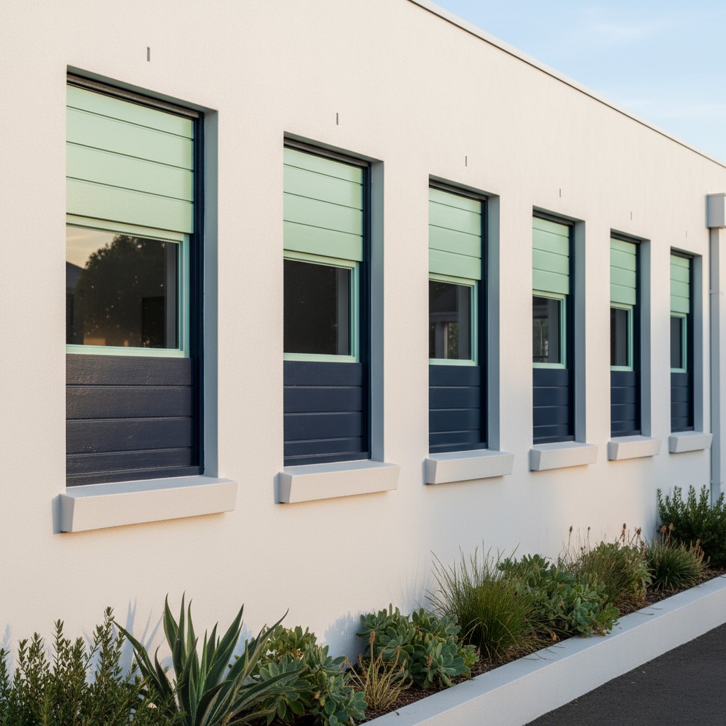 A row of tall windows, each featuring several panes, with subtle green around the edges.