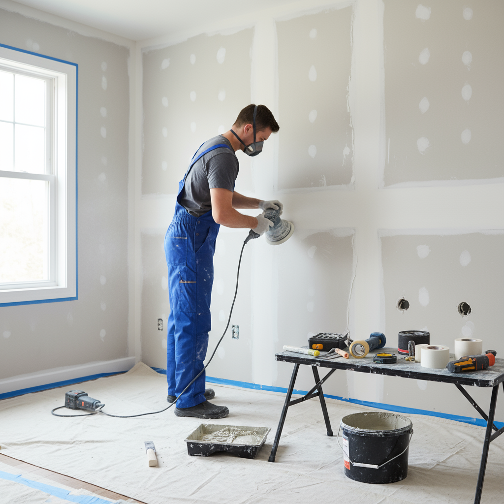 Repairs and surface preparation, showing a worker repairing wall cracks, sanding, filling holes, and prepping surfaces for painting in a residential interior, with visible repair tools and clean surroundings, no logos or text.